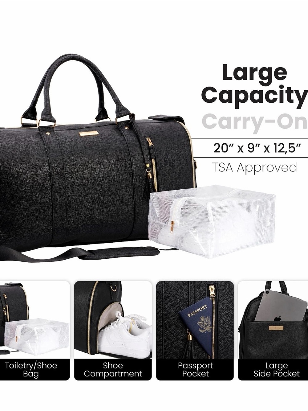 Luhxe Black Duffel Bag with Gold Hardware - Travel Weekender